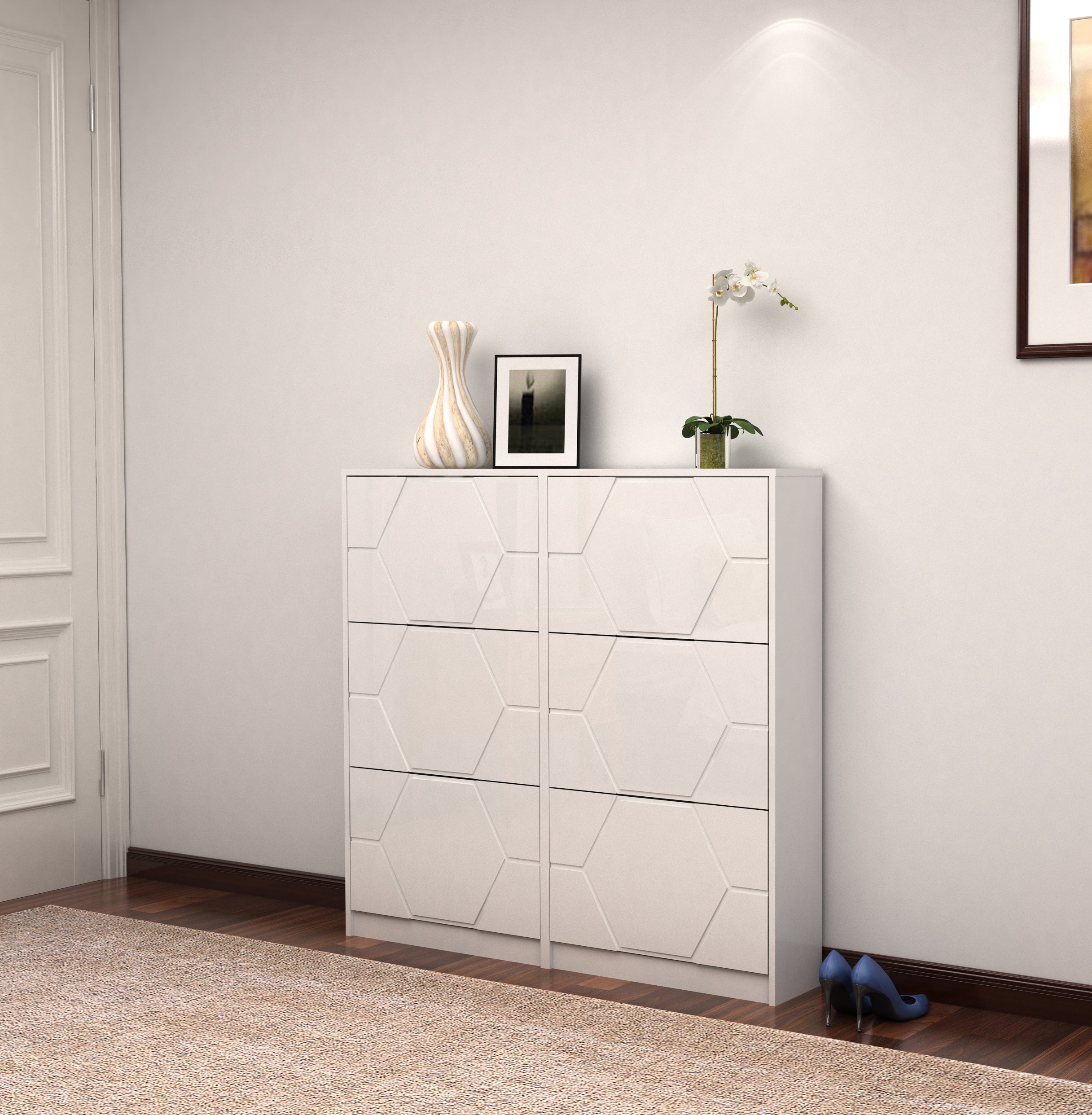 Armoire à chaussures d’entrée, organisateur de chaussures à 6 niveaux avec panneaux sculptés, armoire à chaussures verticale de meubles pour l’entrée de la porte d’entrée